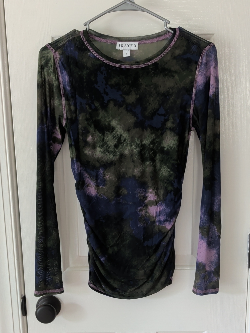 Frayed Long Sleeve Tie-Dye Crewneck Top in Purple & Olive